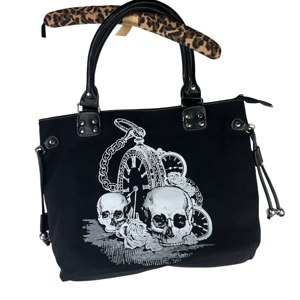 Lost Queen Tote Bag Womens Skull‎ Pocket Watch Black Goth Canvas Shoulder Purse